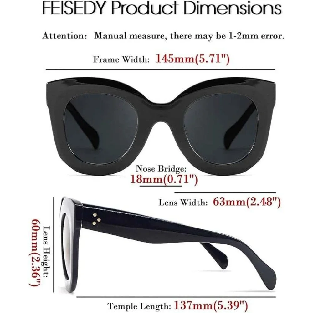 Cat Eye Sunglasses Women Black Lens UV400  Oversized Fashion Luxury Style Lentes